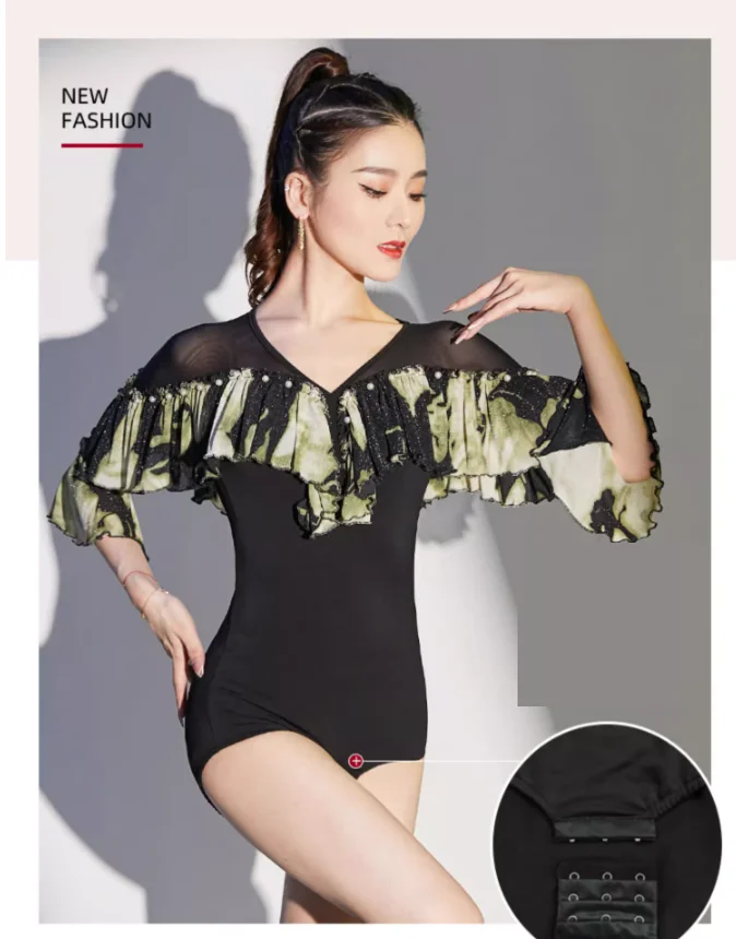 

Женский комбинезон для латиноамериканских танцев X2190, женская блузка для современных танцев, рубашка для вальса, комбинезон с V-образным вырезом и оборками по краям