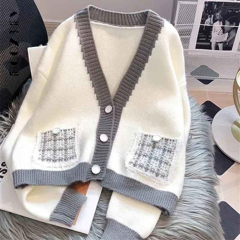

BoozRey Y2k Knitted Cardigans Woman Spring Autumn New Pocket V-neck Colour Clash Ladies Sweater Fashion Casual Coat Knitwears
