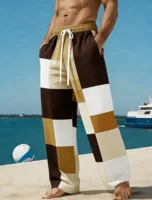 Pantalon décontracté pour homme à imprimé géométrique color block, coupe droite ample pour le printemps, l'été et les vacances à la plage, taille à cordon de serrage 4
