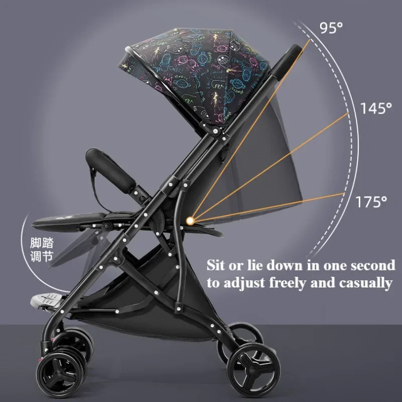 One Click Folding Baby Stroller Can Sit & Lying Foldable Portable Lightweight Baby Strolling Cart Large Space Adjustable Backset 3