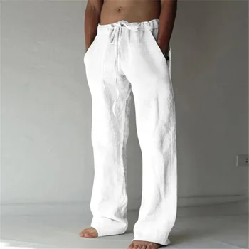 Men's Cotton Linen Long Pants Summer Solid Color Breathable Linen Trousers Male Casual Elastic Waist Casual Pants Harajuku Trous 1