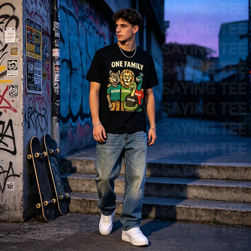 ISIBINDI, REVEUR 4 Häuser 1 Familie T-Shirt Y2k Cartoon Niedliches Grafik-T-Shirt mit Spruch „Reveur“, Haus, Träumer, Rca, Schule, Geist, Geschenk