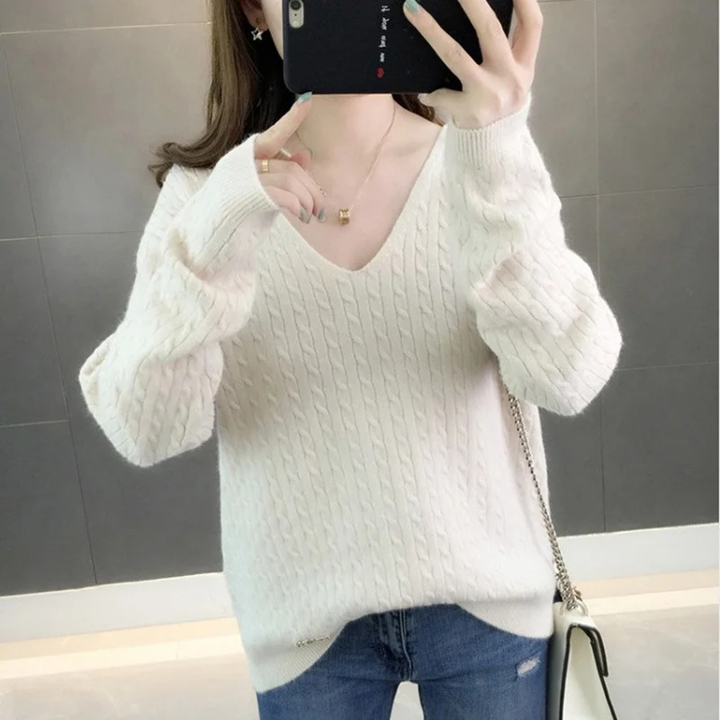 

2022 Autumn Winter Cashmere Sweater Women Casual Loose V-Neck Knitted Pullover Sweter Pull Femme Hiver Jumper Sweater Streetwear