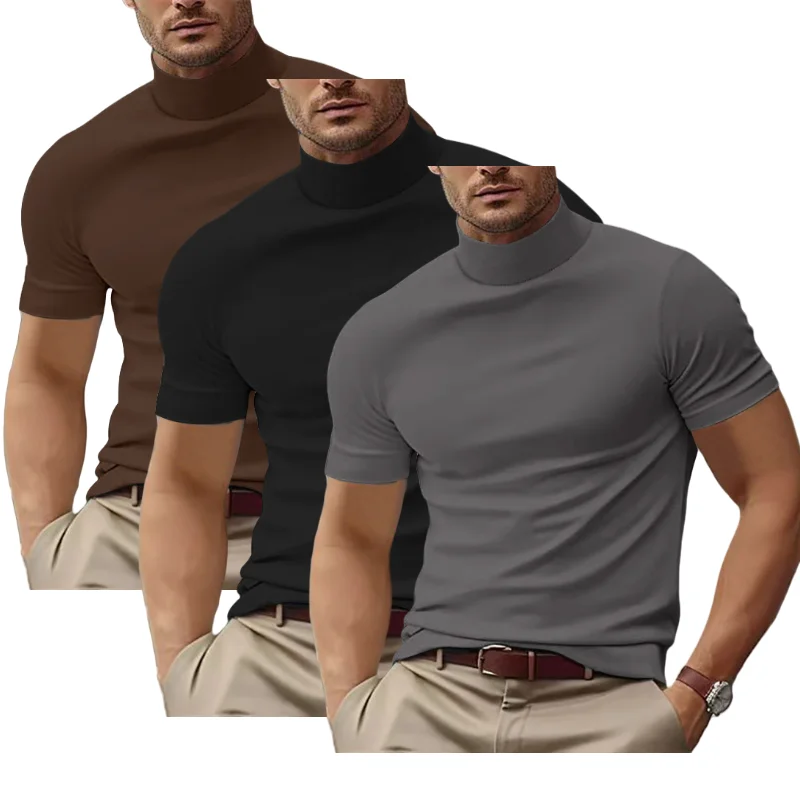 

New Fashion summer Men's Casual Short sleeve T-shirt Half High Neck Slim Fit Solid Color Bottom half sleeve Shirt men's clothing