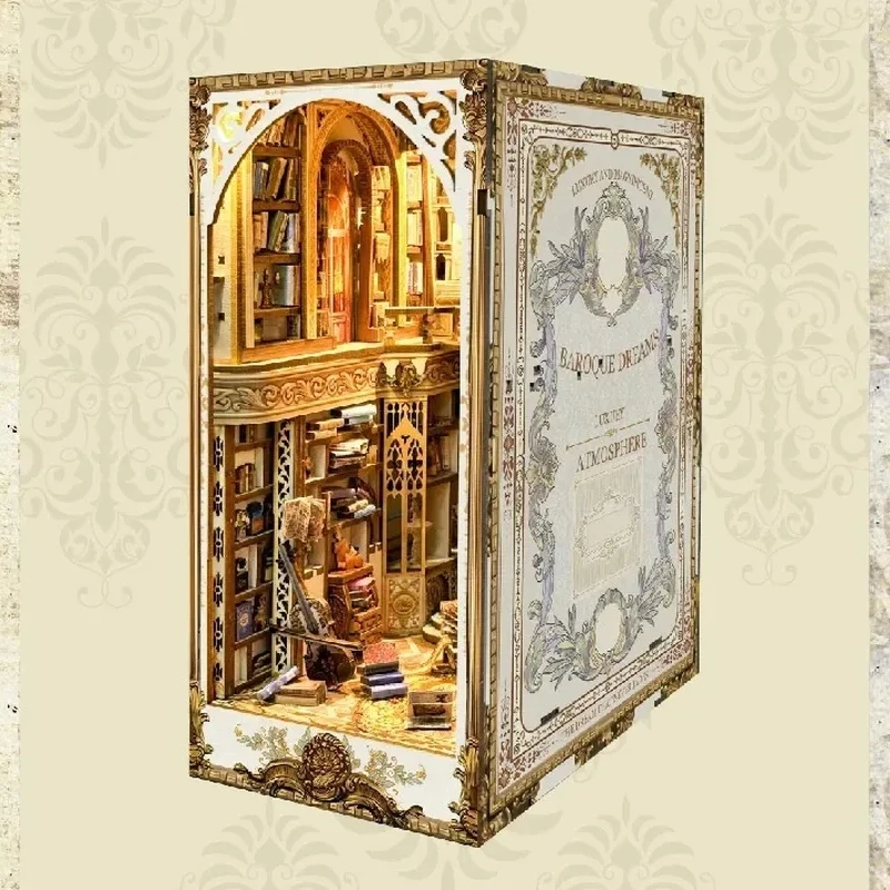 Assembled Book Nook Shelf Insert Miniature Wooden Model Kits Retro Court Bookshelf Handmade Bookend For Friends Birthday Gifts