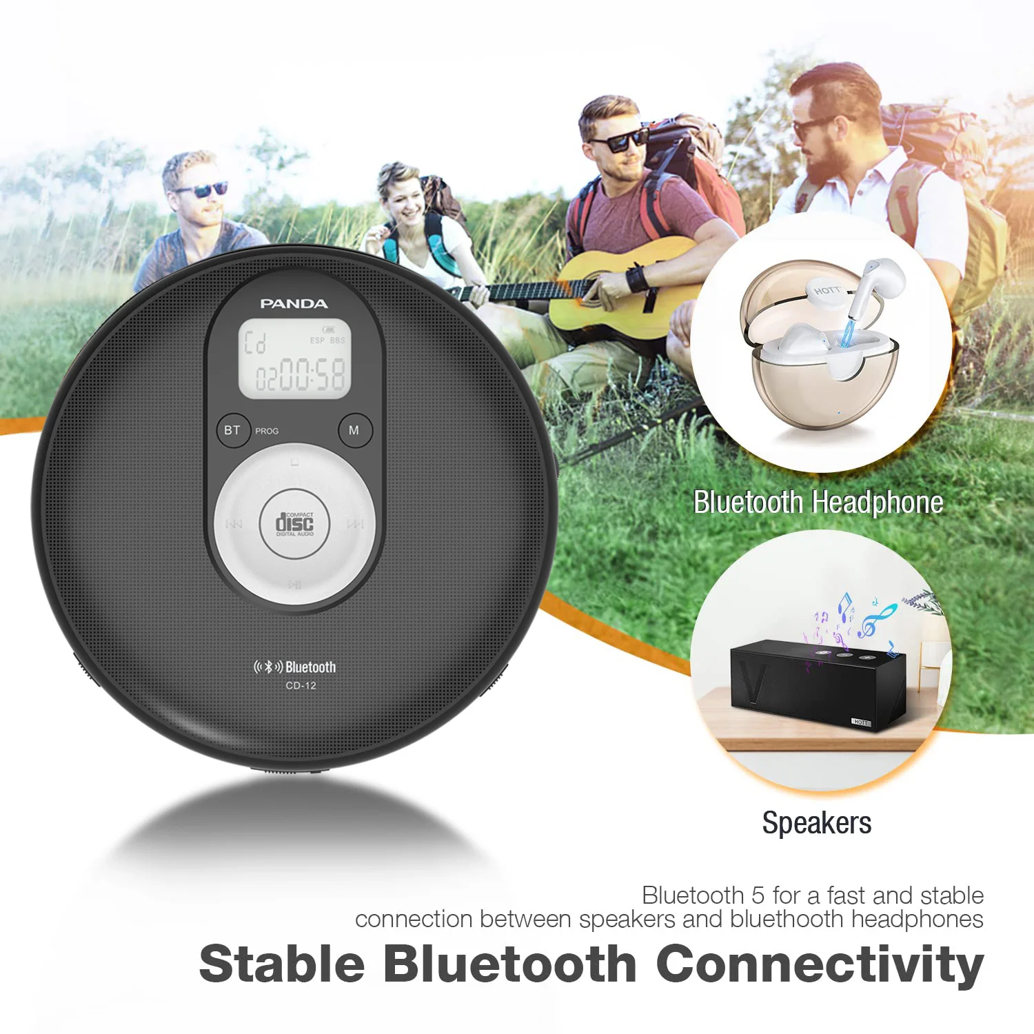 PANDA Portable CD Player with Bluetooth, Headphone Jack, LCD Display, Compact Walkman CD Player, Supports AC/DC Power