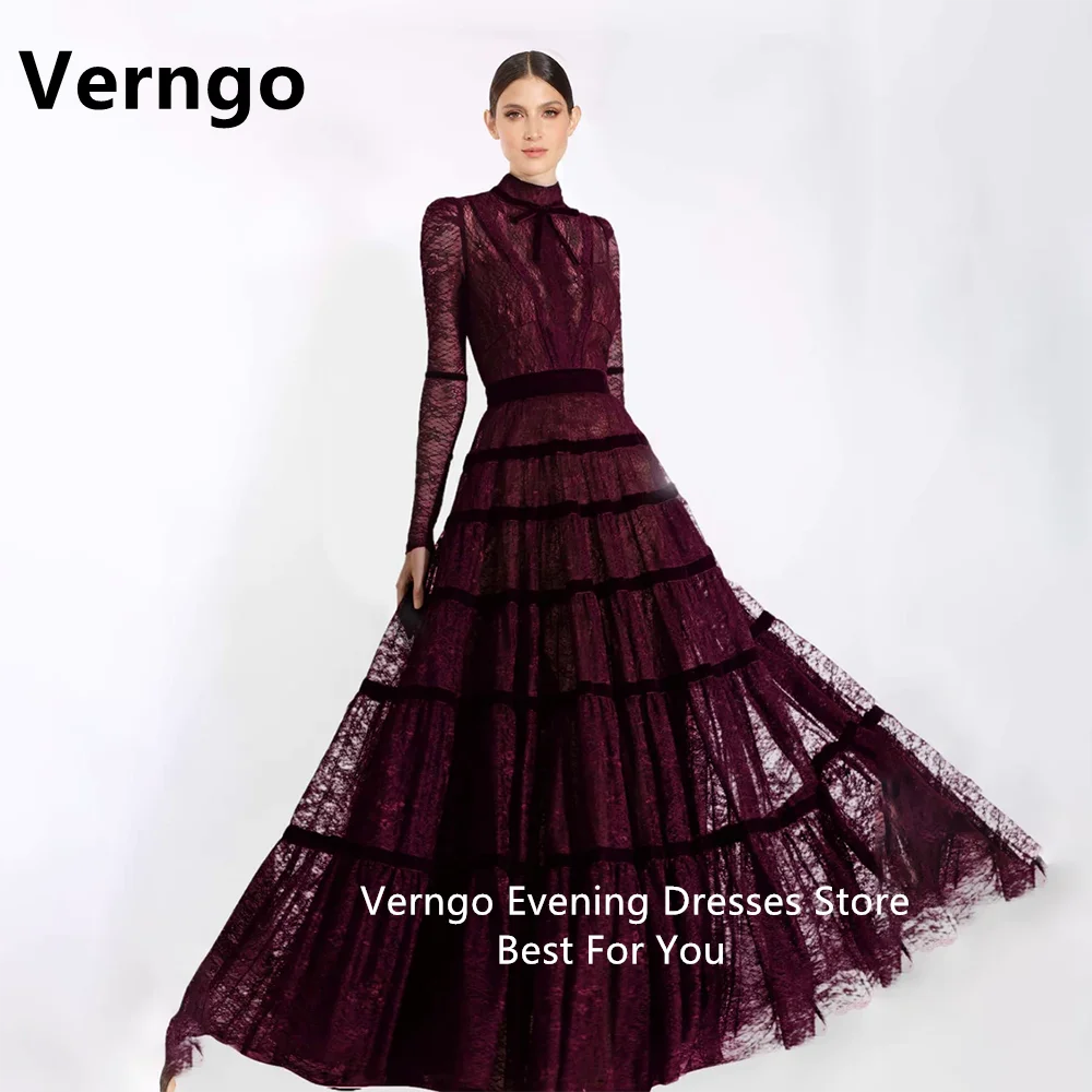 Verngo Dark Red Lace Party Dress For Women High Neck A Line Prom Gowns Countercandy Elegant Formal Dress Floor Length Outfit