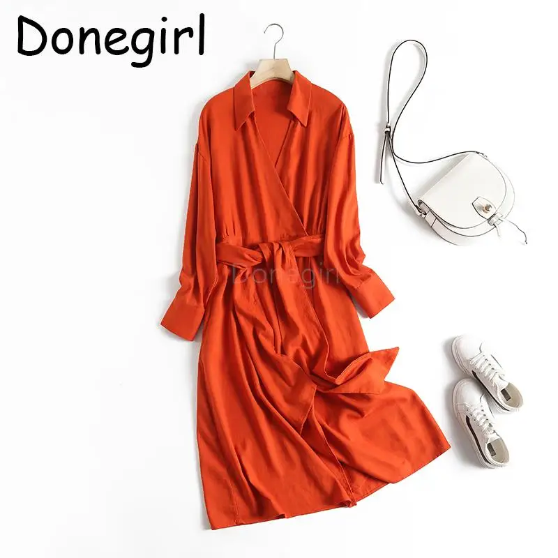 

Donegirl 2023 New Spring Women Long Sleeve Lapel Waist Belt Slim Linen Shirt Dresses Solid Temperament Long Dresses Female Chic