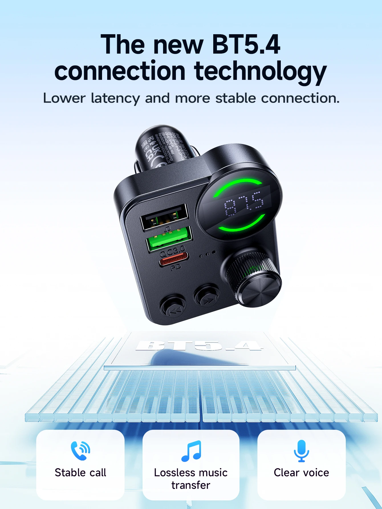 HOCO E86 48W Bluetooth 5.4 Car FM Transmitter with PD 30W & QC3.0