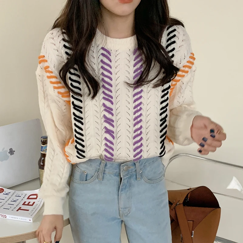 

Causal Long Sleeve O-neck Women Knitted Top Autumn Winter Pull Femme Clothes Korean Hit Color Patchwork Hollow-out Sweater