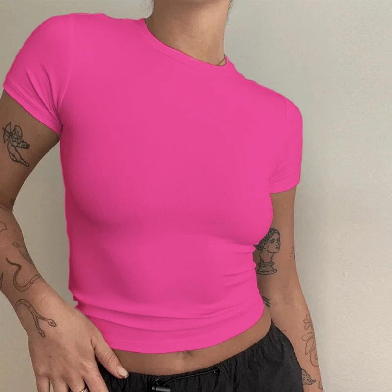 Woman Clothing Short Sleeve T-shirt Slim Fit Tops Female O-Neck Knitted...