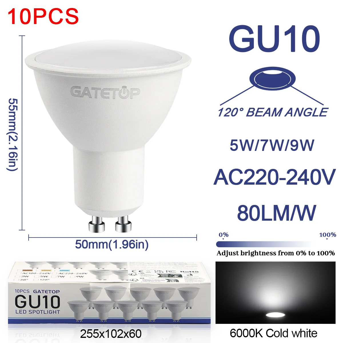 10-Pack LED GU10 Spotlight Bulbs - Energy-Efficient Lighting for Home and Commercial Use