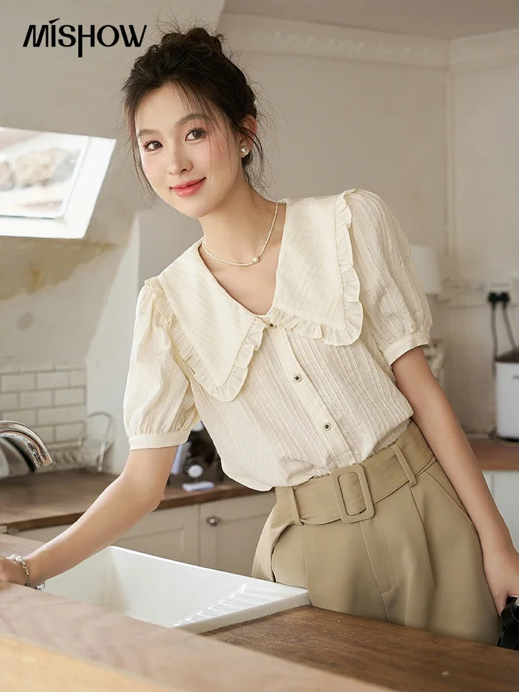 MISHOW Peter Pan Collar Short Sleeve Temperament Shirt 2023 Summer Chic French Puff Sleeve Sweet Single Breasted Top MXC38X0052