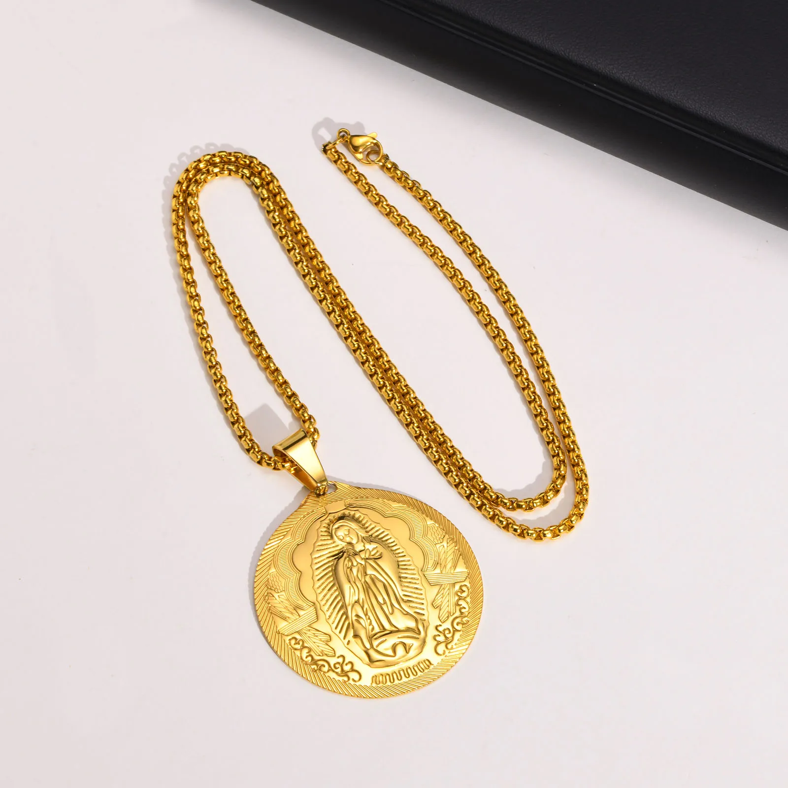 Gold-Tone Virgin Mary Pendant Necklace, Stainless Steel Religious Jewelry Gift