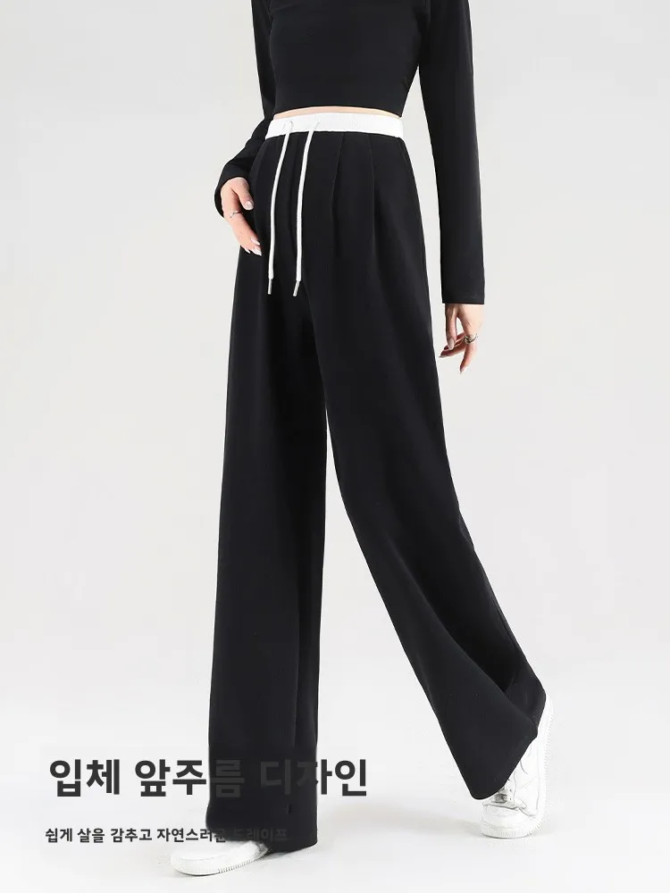 임산부용 와이드 레그 팬츠 봄 가을 하이웨이스트 패드 없는 스트레이트 컷 바지 드로스트링 편안한 아우터웨어