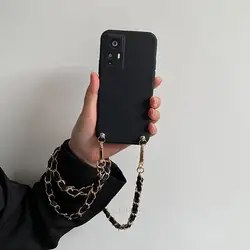Crossbody Lanyard Liquid Silicone Case with Metal Chain Cord - Mi 12 12x 12s (Black)