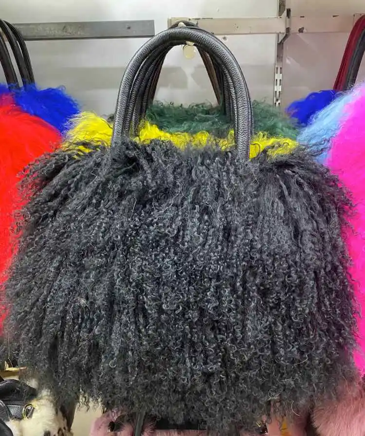 MWfur Lamb Handbag Fashion Long Hair Tote Bag Mongolian Lamb Fur Bags for Women 4