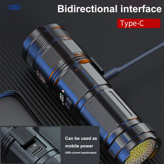 High Power LED Flashlight With Display COB Tail Light lantern Built-in 9000Mah battery Type-C Rechargeable USB Torch for Fishing - Image 5