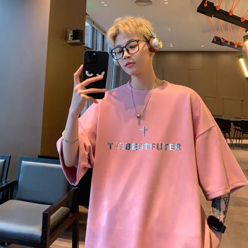 

Suede short-sleeved T-shirt men's summer American fashion brand heavy metal letter printing large size loose half-sleeved shirts