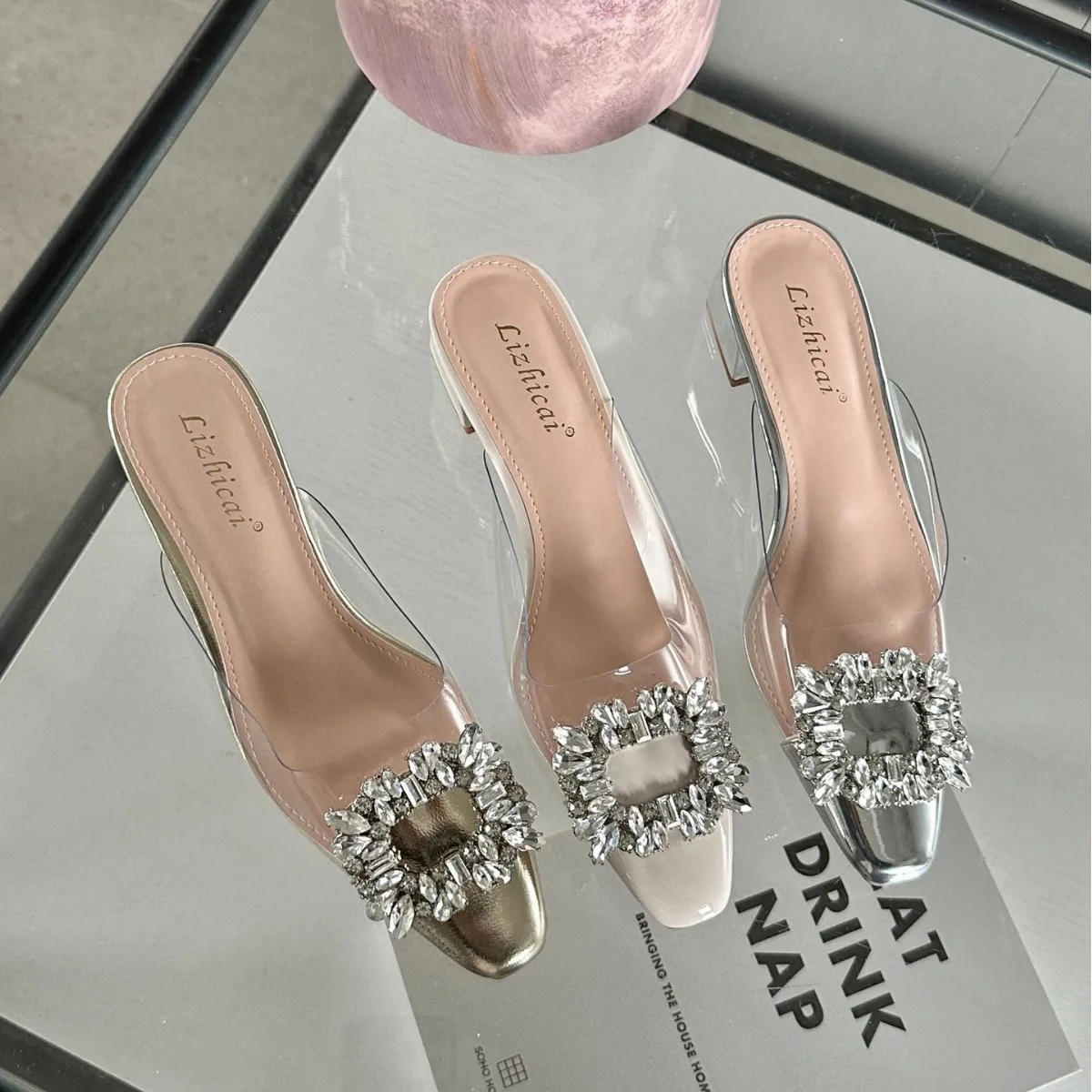 2024 New Summer Net Red Headed Sandals Transparent Crystal Fairy Style Pointed Thick Heels High Heels