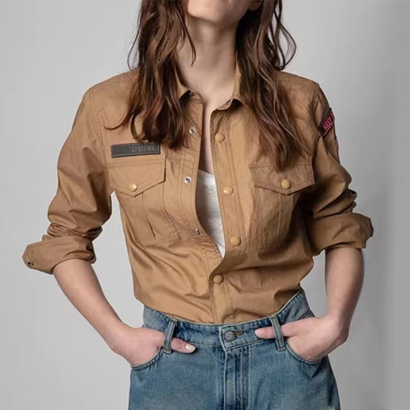 Zadig 여성용 데님 재킷, 레터 자수 카키 셔츠 코트, 긴 소매 턴다운 칼라,..