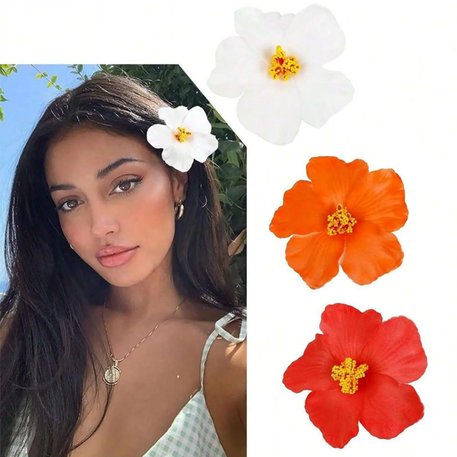 1PC  Hibiscus Flower Hair Clips, White, Orange & Red, Tropical Hair Accessories for Beach & Summer Looks