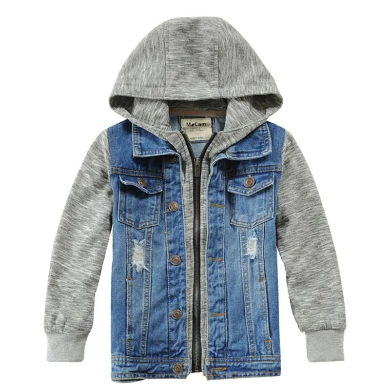 

Children Hooded Denim Jacket Fashion Flower Gray Splicing Kids Zipper Jean Coat For Teen Boys 2-14 Years Cowboy Outerwear