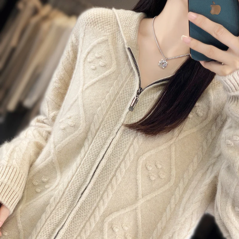 100% 메리노 울 후디, 캐주얼 루즈 점퍼, 세련된 한국 지퍼 가디건, 긴팔 상의, 두껍고 따뜻한 재킷, 가을, 겨울, 신상