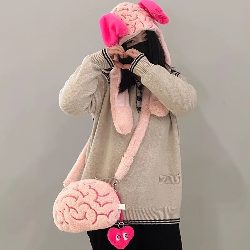 Y2K Cute Pink Love Brain Plush Shoulder Bags Funny Crossbody Bags Fashion Design Purse Cool Interesting Moving Ears Handbags Set 3