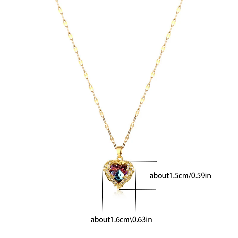 Colorful Crystal Ocean Heart Pendant Necklace Trendy Stainless Steel Jewelry...