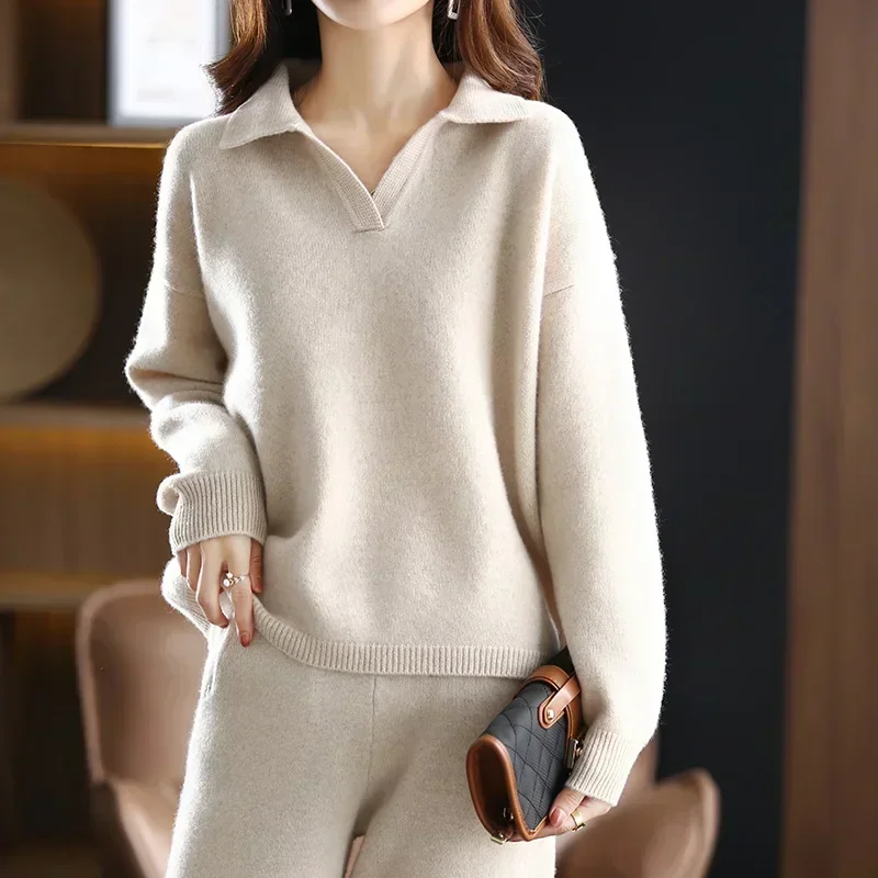 Winter 2023 New Cashmere Suit Women Loose Lapel Sweater Temperament Casual Wide-leg Pants Knitted 100% Pure Wool Two-piece Suit 6