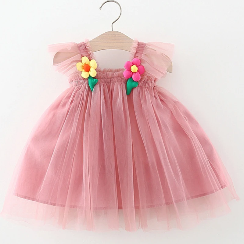 

Новинка 2023, летняя одежда, платья для маленьких девочек, корейское милое Сетчатое кружевное платье принцессы без рукавов с цветами, Одежда для новорожденных BC402