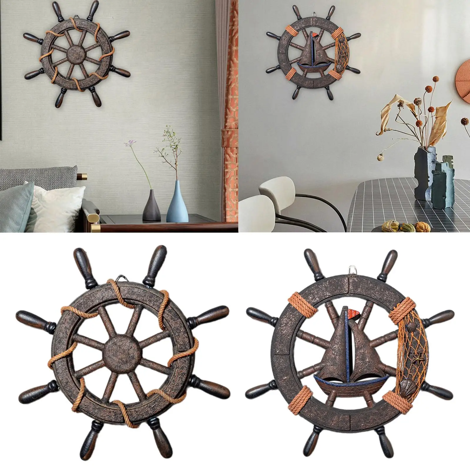 Wall Art Decor Nautical Wheel Wall Sculpture Wooden Ship Steering Wheel Boat Rudder for Club Living Room Bar Fireplace Farmhouse