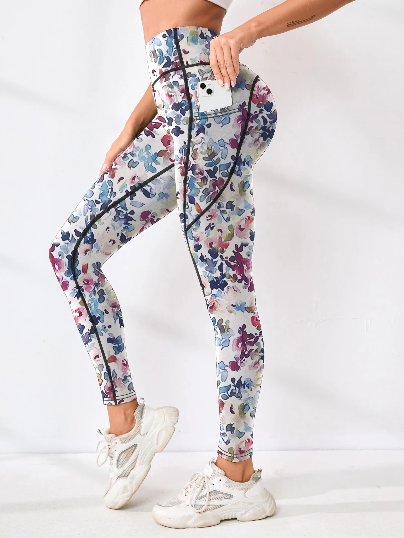 Printed High-Waist Yoga Pants with Pockets