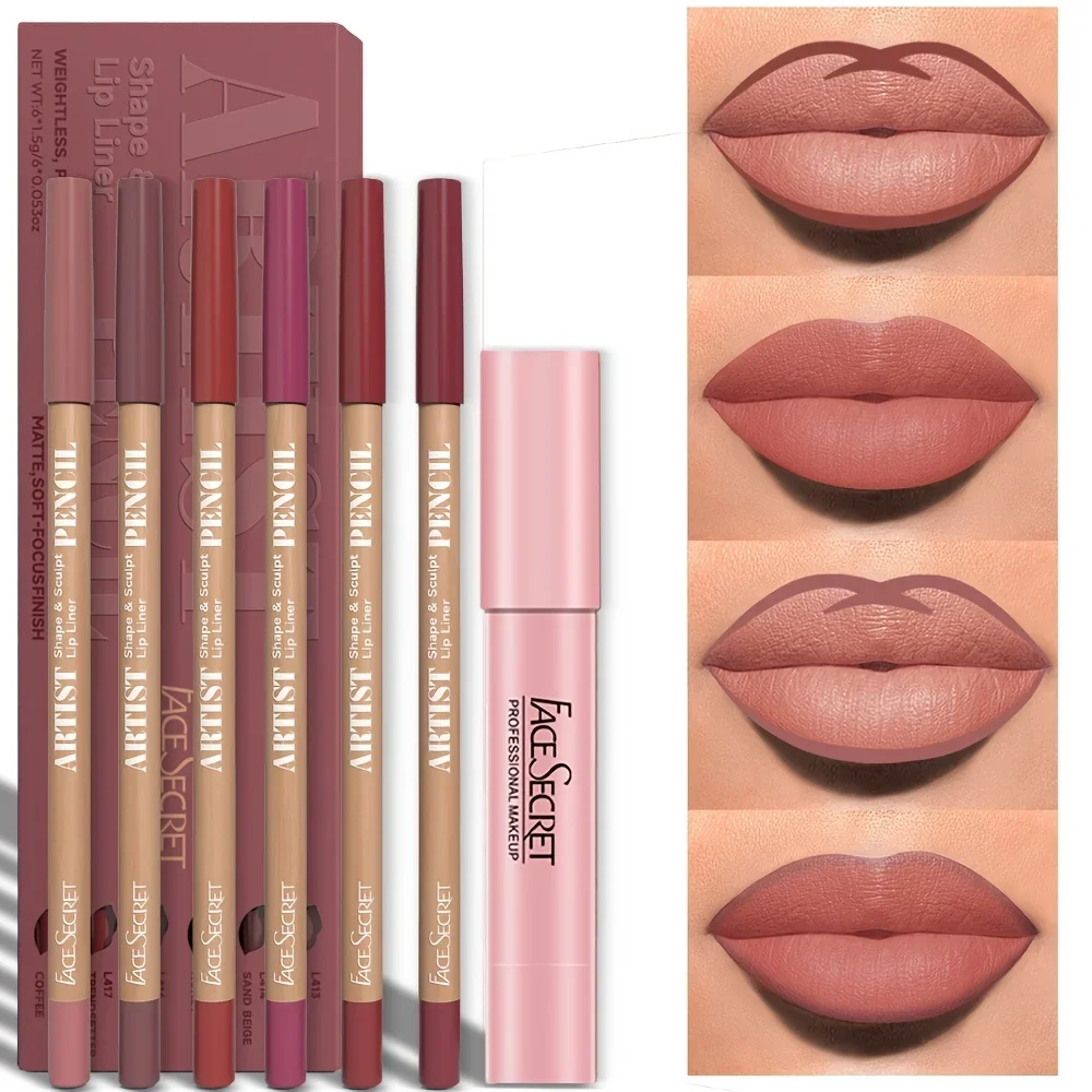 Lip Makeup Set 7pcs Matte Lip Liner and Lipstick Set Water-Resistant Long-Lasting Multi-Color Secret Formula Daily Makeup & Christmas Gift