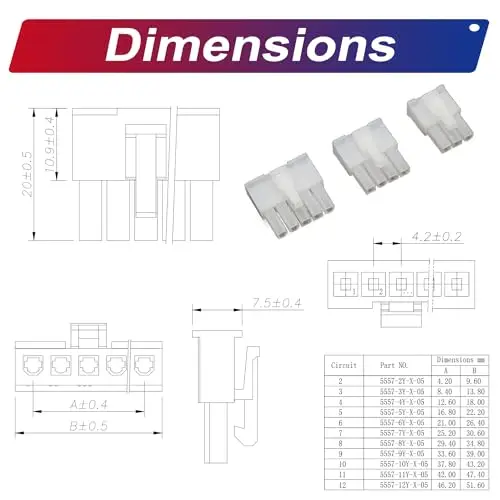 Mini-Fit Jr 4.2mm Pitch Connector with 20AWG Cables, Molex Mini-Fit Jr Single Row 1/2/3/4/5/6Pin 5557 (MX4.2-5557-Single)