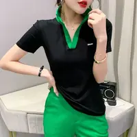 High Quality T Shirt Korean Trend 2025 Summer Luxury Cotton Fashion Top Fitted Polo Neck Tee Shirts Woman Original Pullover Slim