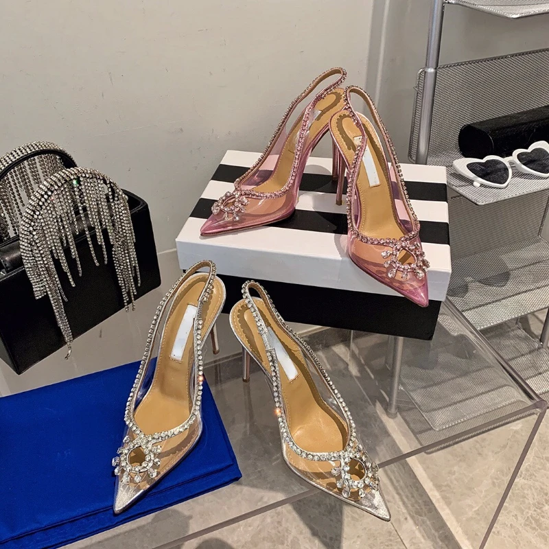 

2023 Summer New Pointed-toe Rhinestone Sunflower PVC Transparent Women's Sandals Hollow Stiletto High Heels