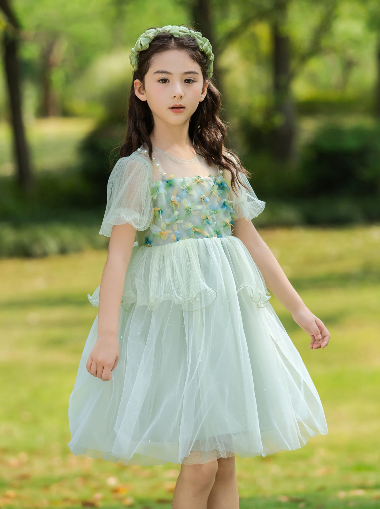 

Chic Girl Summer Dress For 3-12Y Pearls Strap O-Neck Puff Sleeve 3D Floral Tulle Ball Gown Kid Child Forest Elf Vestidos