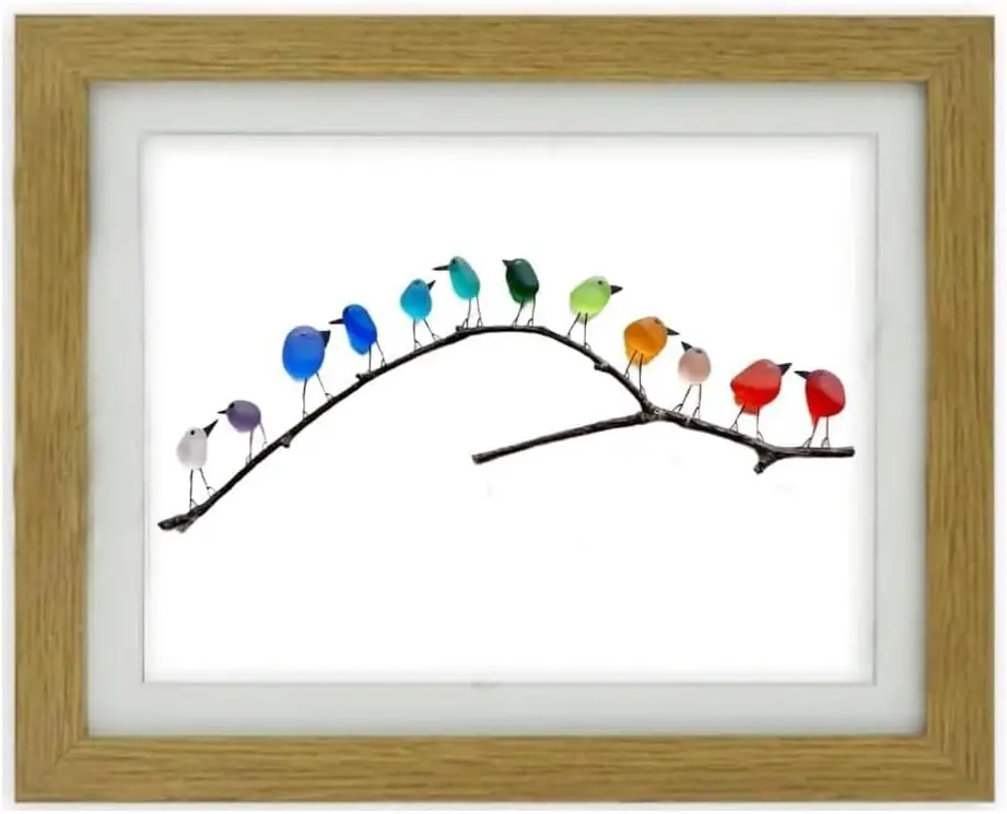 SeaGlassRainbowBirdsFramedUniqueHandmadeWallArtRainbowBird