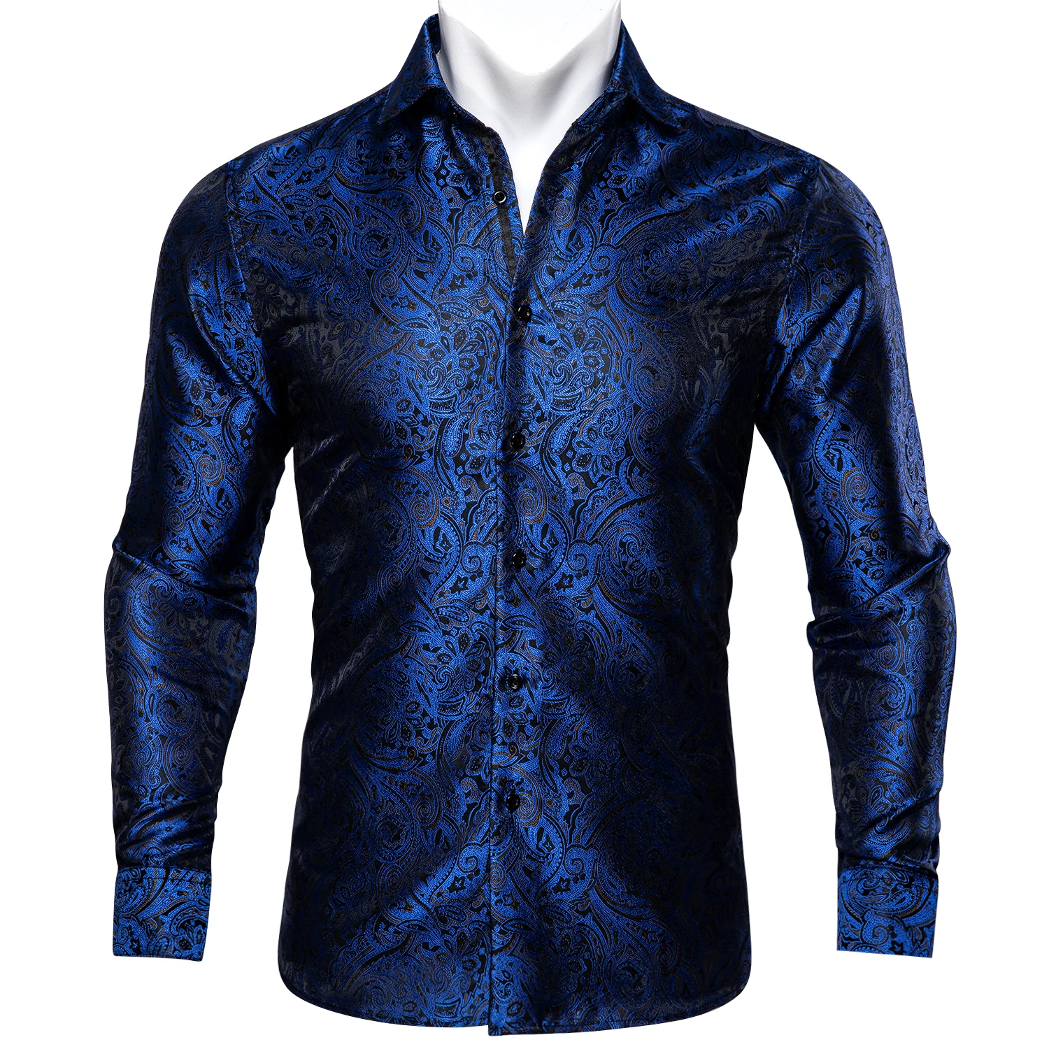 しゅんや Hi-Tie Luxury Navy Blue Silk Mens Shirts Lapel Long Sleeve