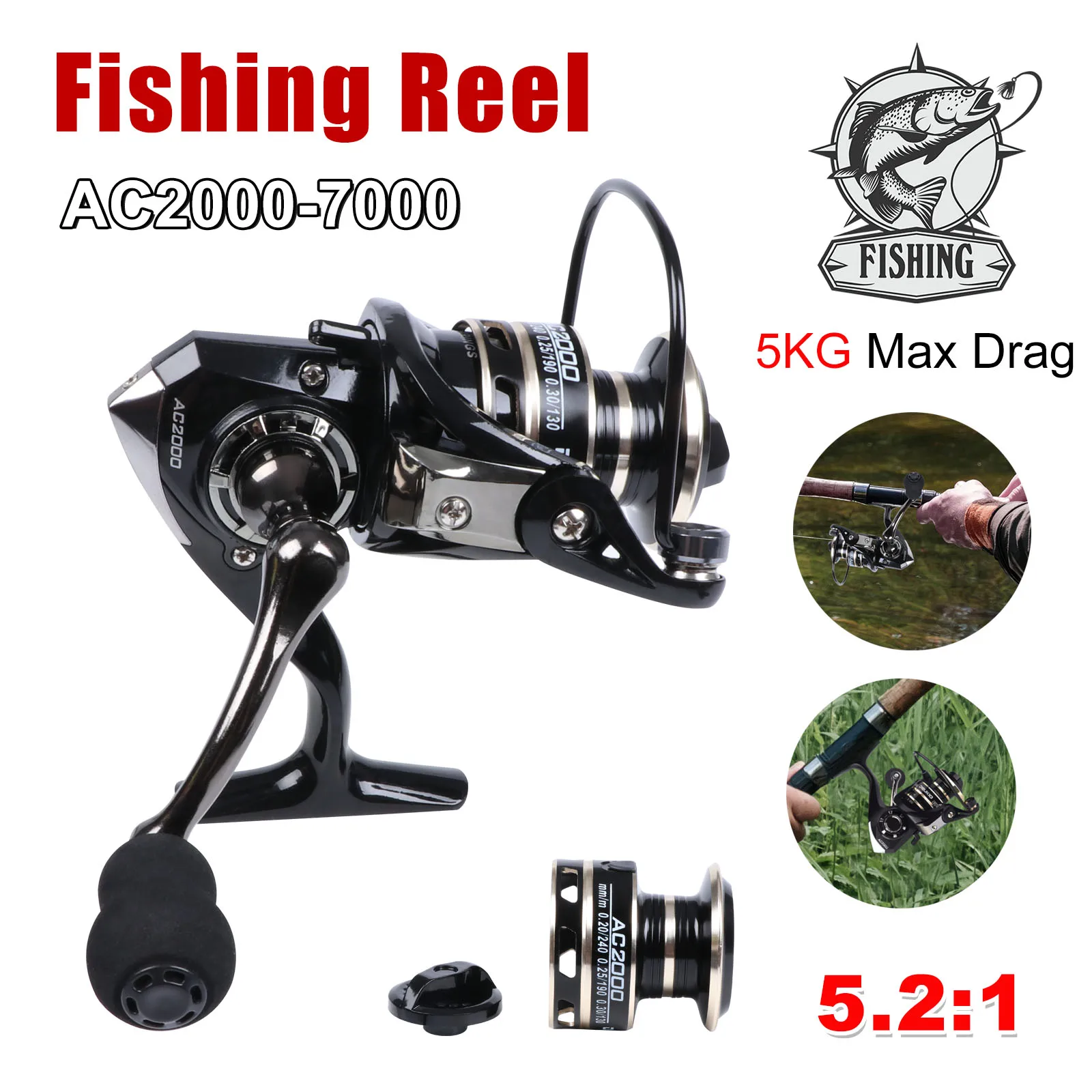 

Sea Rod Fishing Reel AC2000-7000 Full Metal Rocker 5.2: 1 Speed 5kg Resistance Fishing Reel Outdoor Sport Carp Fishing Tool