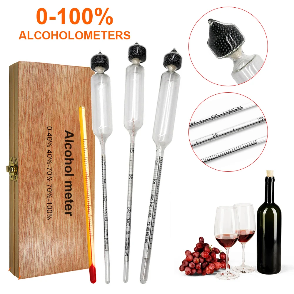 

4Pcs Alcohol Meter Set Detector 0-100% Alcoholmeter Tester+Thermometer Wine Hydrometer Alcohol Concentration Measuring Tool