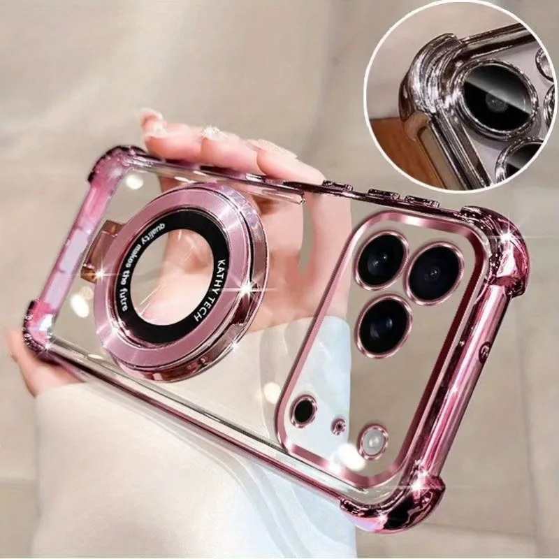 غطاء TPU مغناطيسي شفاف فاخر لهاتف iPhone 17 16 15 14 13 12 11 Pro Max 16 Plus 17 Air مع حامل حلقي مطلي شفاف 4