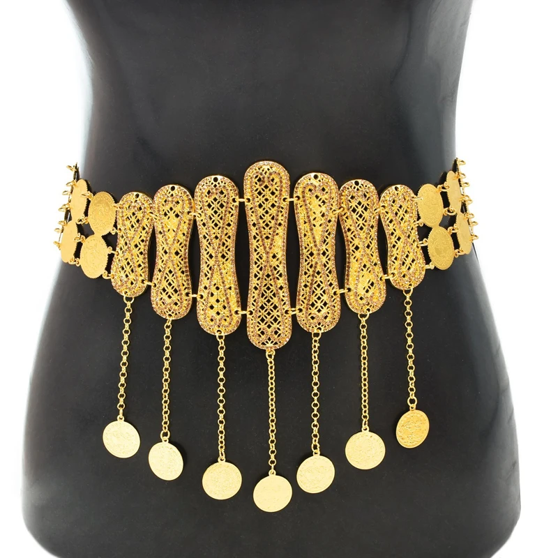 

Rhinestones Women Body Chains Bohemian Ethnic Gypsy Coins Tassels Waist Chains Glossy Metal Bilayer Carved Belly Dance Chains