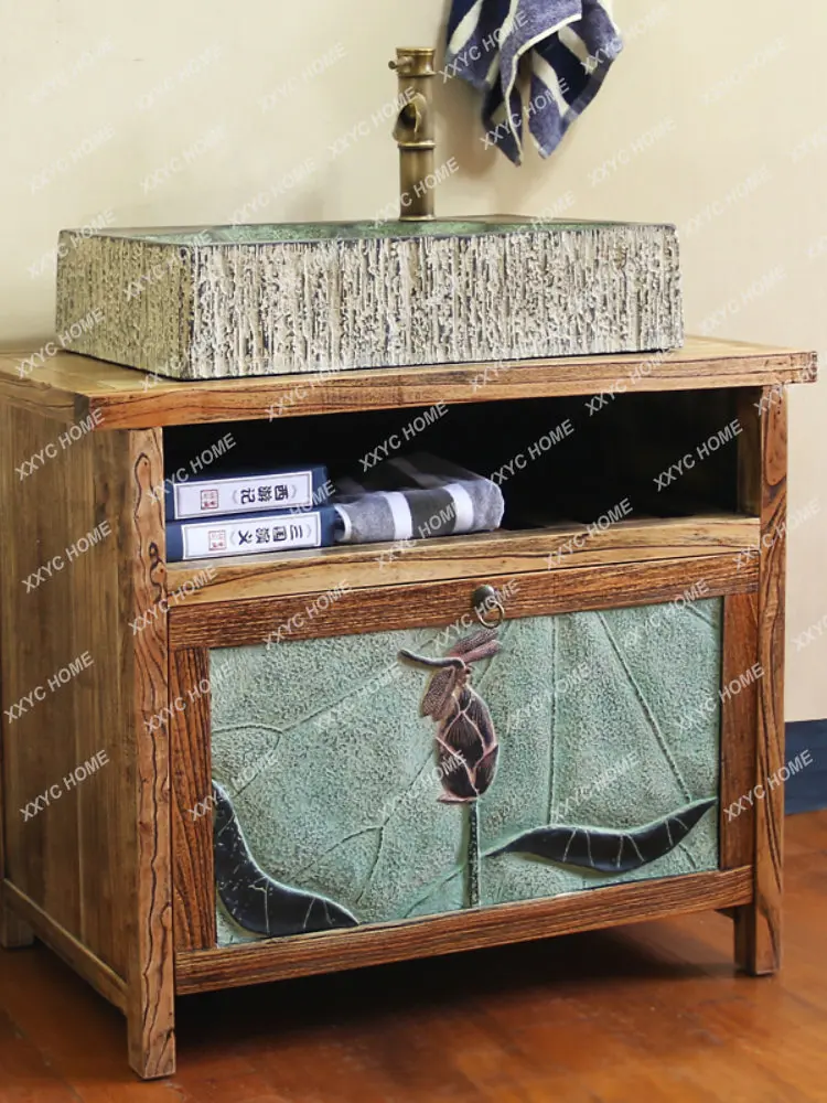 New in Chinese Antique Style Solid Wood Bathroom Cabinet Basin Cabinet Combination Chinese Style Art Basin Table