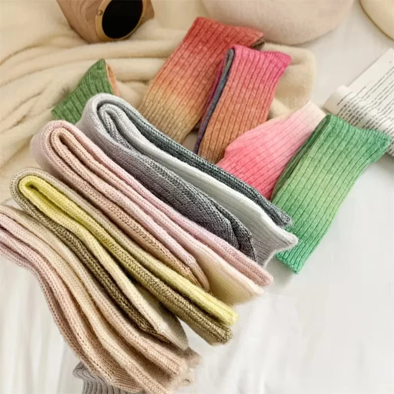 Socks Women Autumn Winter Thick Warm Long Socks Color Gradient Wool Cashmere Thermal Floor Sleeping Socks New Year Gifts