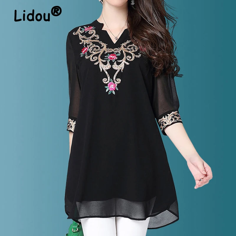 

2022 Summer Office Lady Long Shirts Spring Vintage Embroidery Casual Black Print Chiffon Blouses Women Elegant Button Tee Shirts