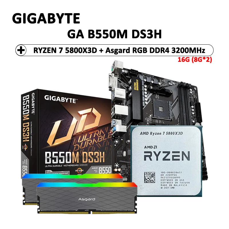 Gigabyte B550m Ds3h Motherboard + Amd Ryzen R7 5800x3d Cpu + Asgard W2