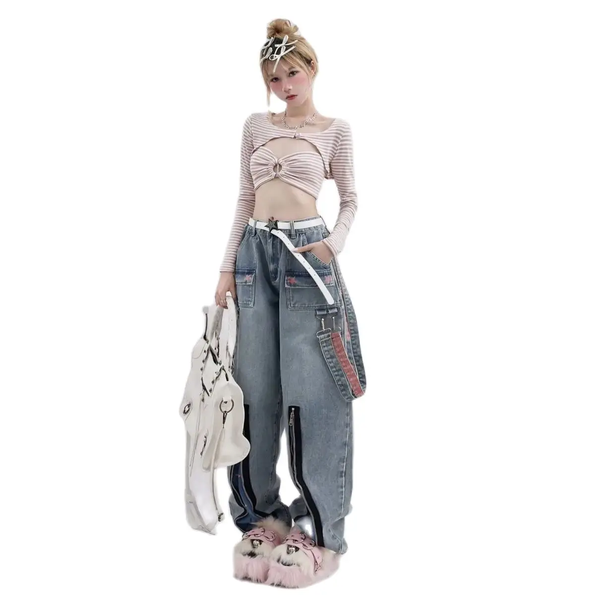 American High Street Work Jeans Women's Spring and Autumn New Star Print Design Loose and Slim Straight Leg Wide Leg Pants